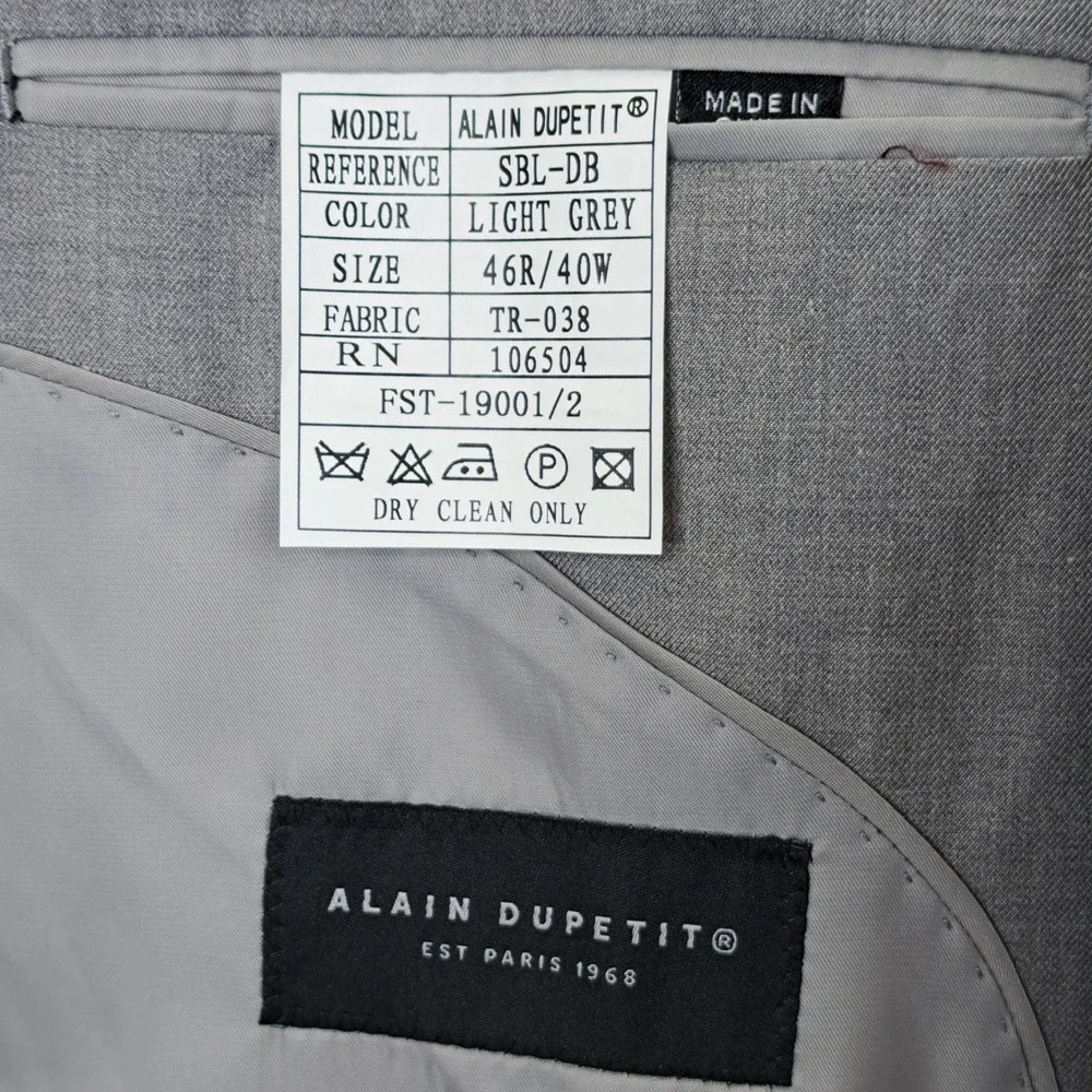 Alain Dupetit Mens 2 Piece Suit Gray Double Breasted 46R Jacket Pants 42x28